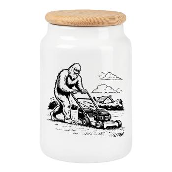 Bigfoot Yeti Rasenmäher Gartenarbeit Style - Keksdose mit Holzdeckel - Weiß - Vorne