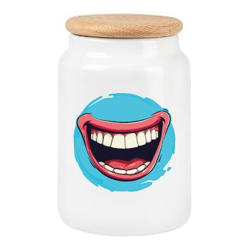 Laughing Cartoon mouth wide open with red lips - Cookie Jar with Wooden Lid - white - Front