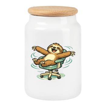 Paresseux joyeux dans la chaise pivotante - Boîte à biscuits avec couvercle en bois - blanc - Devant