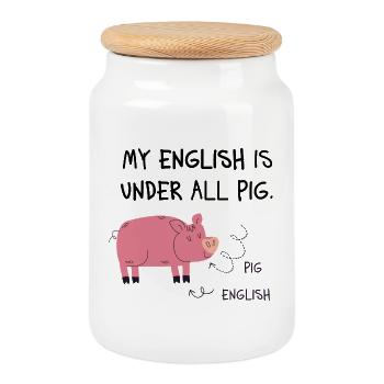 Pig English Cartoon Schwein - Keksdose mit Holzdeckel - Weiß - Vorne