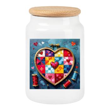 Patchwork Herz Quiltkunst - Keksdose mit Holzdeckel - Weiß - Vorne