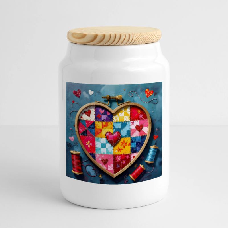 Patchwork Herz Quiltkunst Keksdose mit Holzdeckel