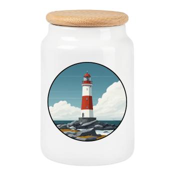 Breton lighthouse on the rocky coast - Cookie Jar with Wooden Lid - white - Front