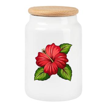 Hibiscus flower - Cookie Jar with Wooden Lid - white - Front