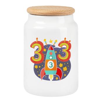 Birthday 3 Years Rocket Boy Three - Cookie Jar with Wooden Lid - white - Front