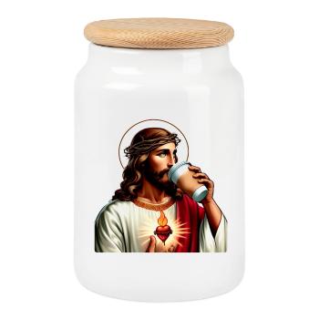 Sacred Heart Modern Coffee - Cookie Jar with Wooden Lid - white - Front