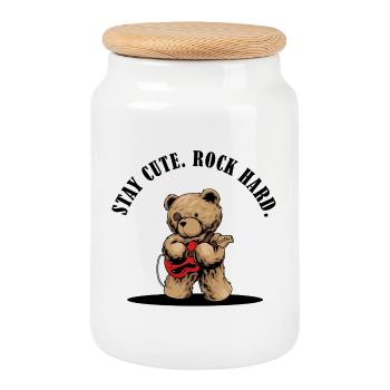 Stay Cute Rock Hard – Teddy mit E-Gitarre - Keksdose mit Holzdeckel - Weiß - Vorne