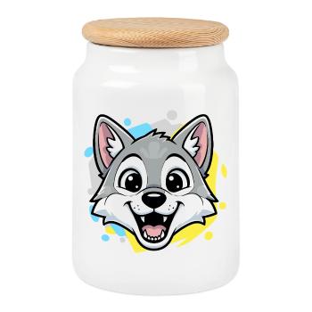 Wolf Head Cartoon Art - Cookie Jar with Wooden Lid - white - Front