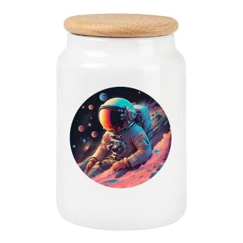 Astronaute dans le cosmos néon - Boîte à biscuits avec couvercle en bois - blanc - Devant