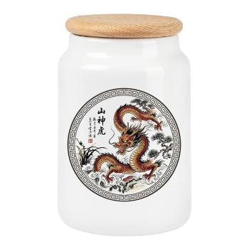 Chinesischer Drache - Keksdose mit Holzdeckel - Weiß - Vorne