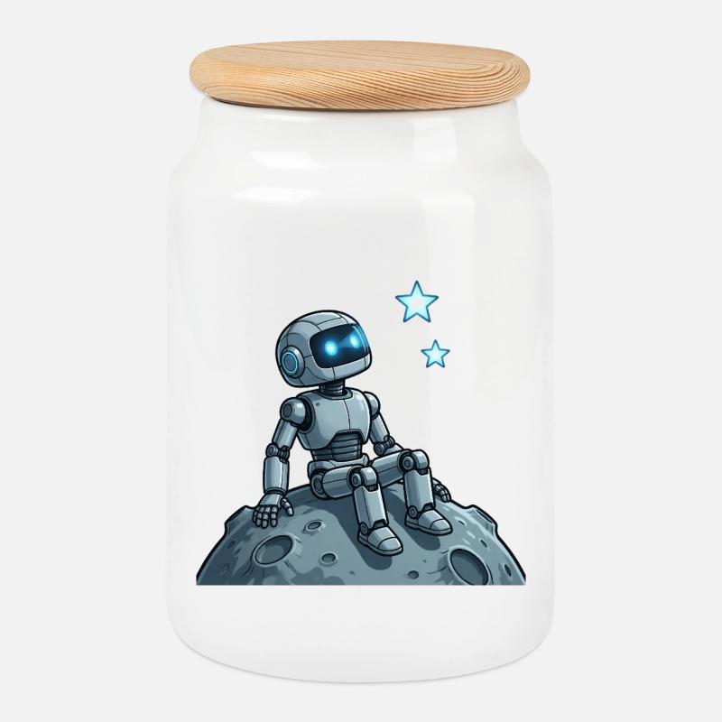 9 The Contemplative Robot - Cookie Jar with Wooden Lid - white