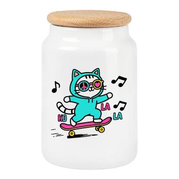 Neon-Skater-Katze auf Skateboard - Keksdose mit Holzdeckel - Weiß - Vorne