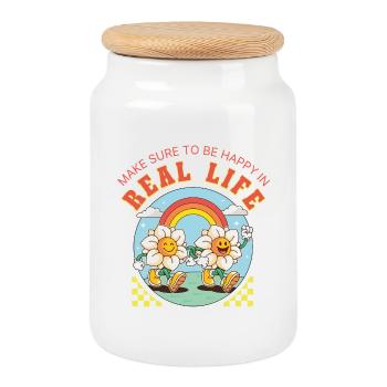 Be Happy in Real Life – Retro Floral Saying - Cookie Jar with Wooden Lid - white - Front