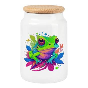Regenbogenfrosch auf Blättern - Keksdose mit Holzdeckel - Weiß - Vorne