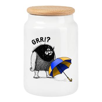 Caveman with Umbrella - Cookie Jar with Wooden Lid - white - Front