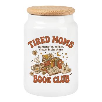 Tired Moms Book Club Mothers Day Coffee Shirt - Cookie Jar with Wooden Lid - white - Front