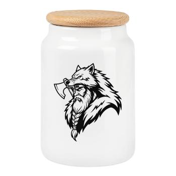Wikinger-Ulfhednar-Krieger-Wolf-Berserker-Maskottchen - Keksdose mit Holzdeckel - Weiß - Vorne