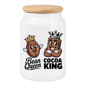 Bean Queen Cocoa King Fun Coffee and - Cookie Jar with Wooden Lid - white - Front
