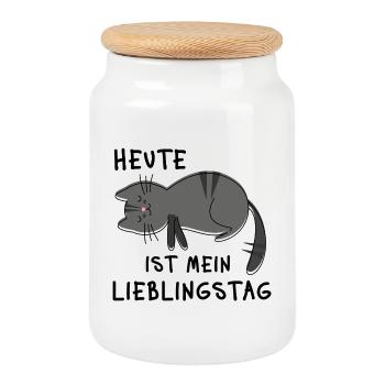 Heute ist mein Lieblingstag – Müde Katze Spruch - Keksdose mit Holzdeckel - Weiß - Vorne