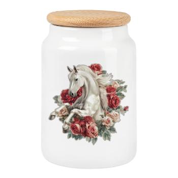 Pferd mit Rosen - Keksdose mit Holzdeckel - Weiß - Vorne
