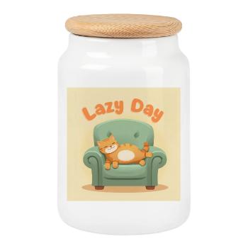 Lazy Day Cat on Armchair - Cookie Jar with Wooden Lid - white - Front