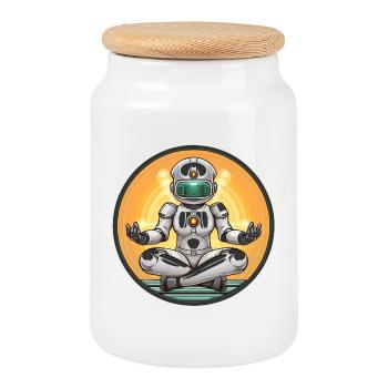 Robot Meditation im Neon-Kreis - Keksdose mit Holzdeckel - Weiß - Vorne
