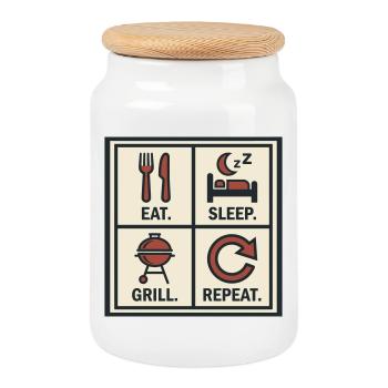 Essen, schlafen, Grill Wieder anfangen, Barbecue - Keksdose mit Holzdeckel - Weiß - Vorne