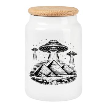 Pyramids UFO Egypt Mystery Ancient Aliens - Cookie Jar with Wooden Lid - white - Front
