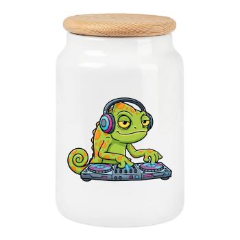 Caméléon DJ Platines Musique Mascotte Cartoon - Boîte à biscuits avec couvercle en bois - blanc - Devant