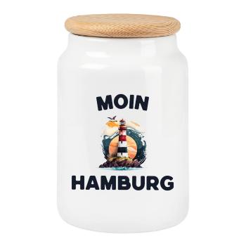 Moin Hamburg Leuchtturm Motiv - Keksdose mit Holzdeckel - Weiß - Vorne