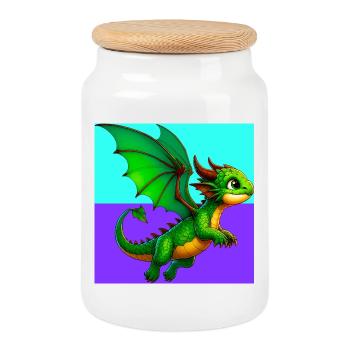 dragon - Cookie Jar with Wooden Lid - white - Front