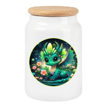 Dragon Cub in the Rainforest - Cookie Jar with Wooden Lid - white - Front