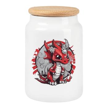 Roter Drachen Karikatur-Print - Keksdose mit Holzdeckel - Weiß - Vorne
