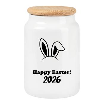 Happy Easter 2026 - Easter Bunny Design - Cookie Jar with Wooden Lid - white - Front