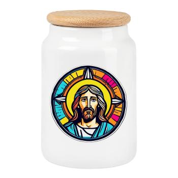 Jesus Vitrail Coloré - Boîte à biscuits avec couvercle en bois - blanc - Devant
