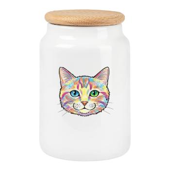 Colorful Cat Sketch Animal Motif - Cookie Jar with Wooden Lid - white - Front