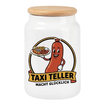 Taxi Teller, Kult Imbiss Ruhrpott Shirt, Hoodie - Keksdose mit Holzdeckel - Weiß - Vorne