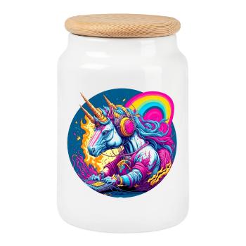 Unicorn DJ in neon rainbow - Cookie Jar with Wooden Lid - white - Front
