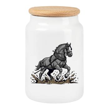 Cheval de Trait Harnaché Travail Équestre Vintage - Boîte à biscuits avec couvercle en bois - blanc - Devant