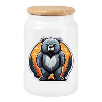 Cartoon bear cub at forest sunset - Cookie Jar with Wooden Lid - white - Front