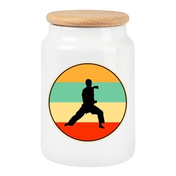 Retro Karate Silhouette Martial Arts Sunset - Cookie Jar with Wooden Lid - white - Front