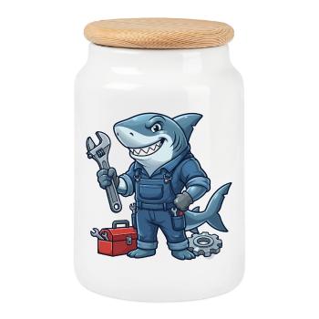 Screw shark mechanic motif - Cookie Jar with Wooden Lid - white - Front