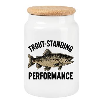 Trout Fishing Saying Trout-standing Performance - Cookie Jar with Wooden Lid - white - Front