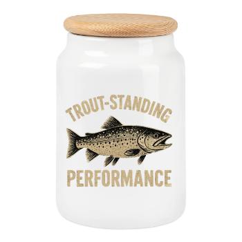 Trout Fishing Saying Trout-standing Performance - Cookie Jar with Wooden Lid - white - Front