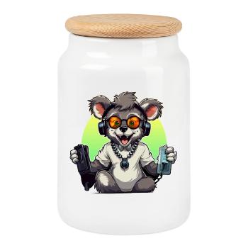 Gamer Koala mit Headset - Keksdose mit Holzdeckel - Weiß - Vorne
