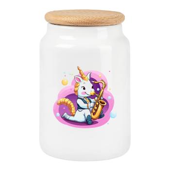 Saxophone licorne dans un tourbillon rose - Boîte à biscuits avec couvercle en bois - blanc - Devant