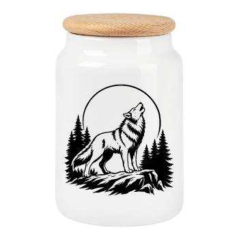 Wolf mit Vollmond - Keksdose mit Holzdeckel - Weiß - Vorne