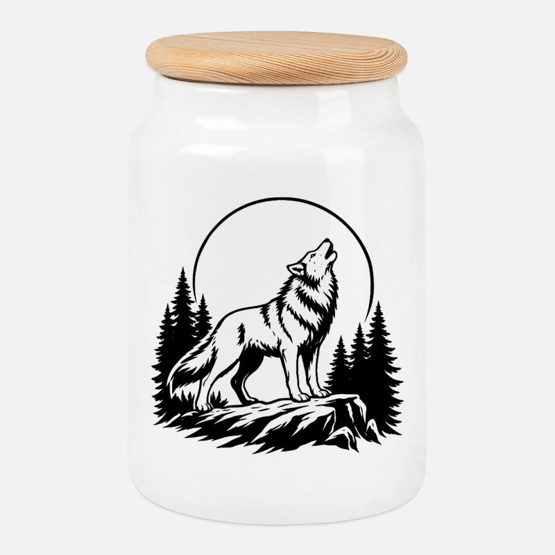 Wolf mit Vollmond - Keksdose mit Holzdeckel - Weiß
