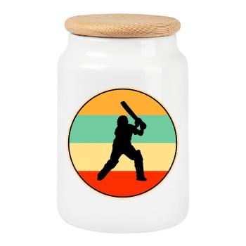 Cricket Player Retro Vintage Sunset Silhouette - Cookie Jar with Wooden Lid - white - Front