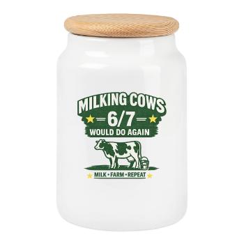 Milking Cows 6/7 Farmer Humor Farm Shirt - Cookie Jar with Wooden Lid - white - Front